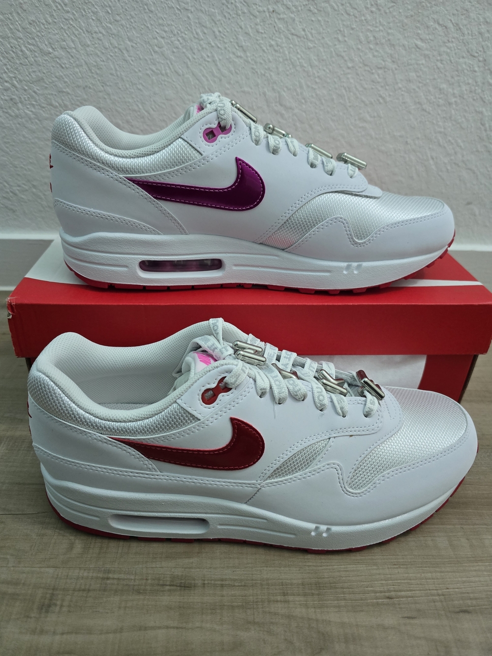 Nike Air Max 1 Valentine's Day Women’s Sneakers with Pink and Magenta Swoosh...